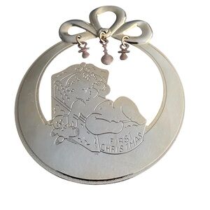 Gold Tone Circular Metal Baby’s First Christmas Ornament Bow with 3 Small Charms